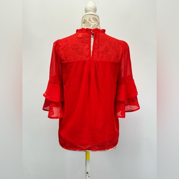 MONTEAU Cherry red sheer ruffle sleeve top size S. - Picture 6 of 13